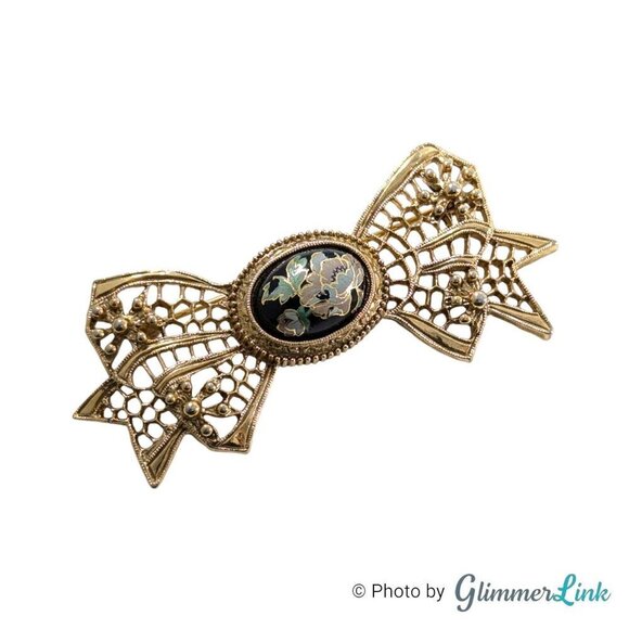 VTG 1928 Company Victorian Style Filigree Bow Floral Cabochon Gold Tone Brooch - Picture 3 of 8